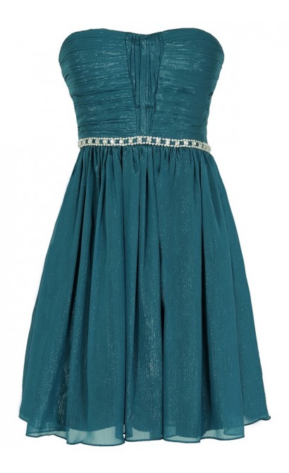 Metallic Shimmer Embellished Strapless Dress in Teal